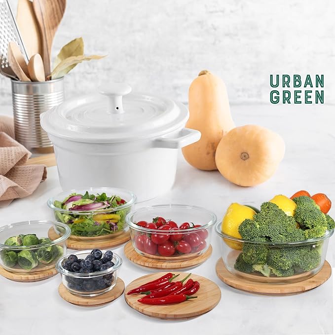 Urban Green Glass Food Container with Bamboo Lid, Airtight food storage Containers set, Glass Meal Prep Containers Set of 5, Dishwasher & Oven Safe
