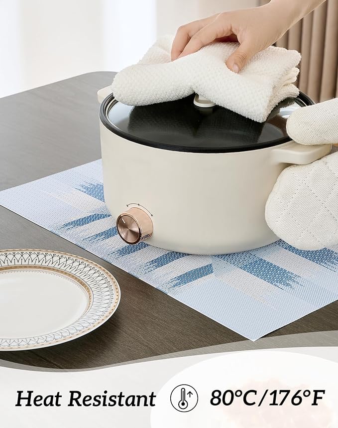 Leetaltree Geometric Print Blue Placemats Set of 4 - Heat Resistant Non-Slip Place mats for Dining Table, Washable Durable PVC Vinyl Woven Table Mats (Geometric Blue, 4)