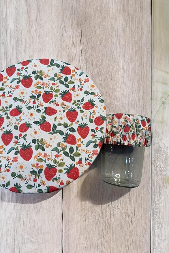 (4-Pack) Sourdough Reuseable Jar & Bowl Covers | Cute Baking Gift | 100% Cotton | Washable | Bread Proofing | Kitchen Food Storage Gifting | Starter Cover Lid Kit (Strawberry)