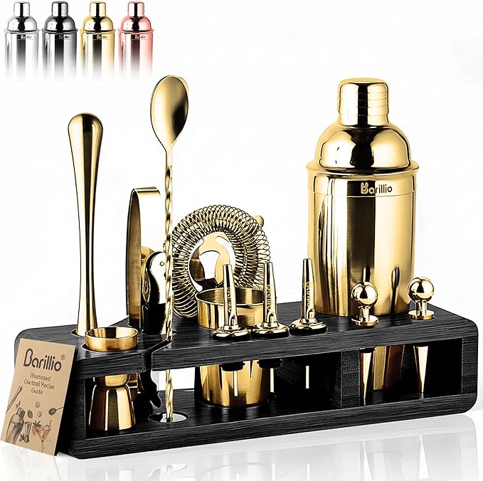 Barillio Gold Bartender Kit - Stainless-Steel Cocktail Shaker Set w/Black Bamboo Stand - Mixology Bar Tools w/Drink Shaker, Mixer, and Muddler for Cocktails - Home Bar Accessories - 23-Pc Bar Set