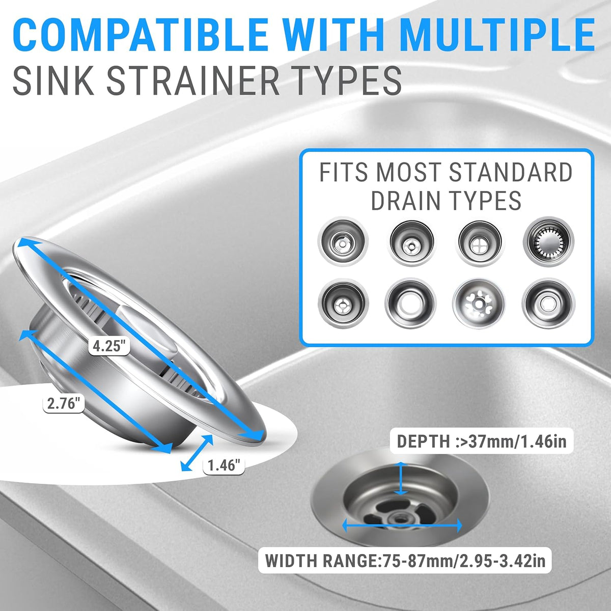 Premium 2 Pack - Kitchen Sink Drain Strainer Bathroom 3 in 1 Stainless Steel Sink Strainer Sink Stopper Dish Drainers Small Plug Filter Clearance Sink Cover Food Catcher Sink Protectors