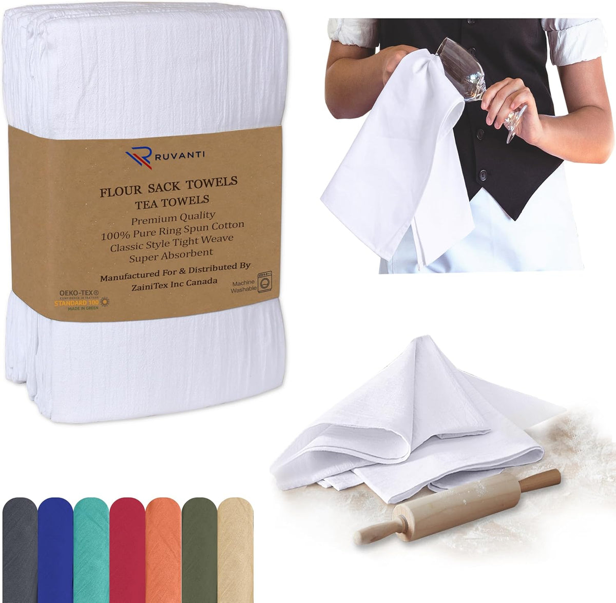 RUVANTI Flour Sack Towels 12 Pack 28 x 28 Inches, Ring Spun 100% Cotton Dish Towel, Machine Washable, Absorbent - Flour Sack Kitchen Towels for Drying and Cleaning - White
