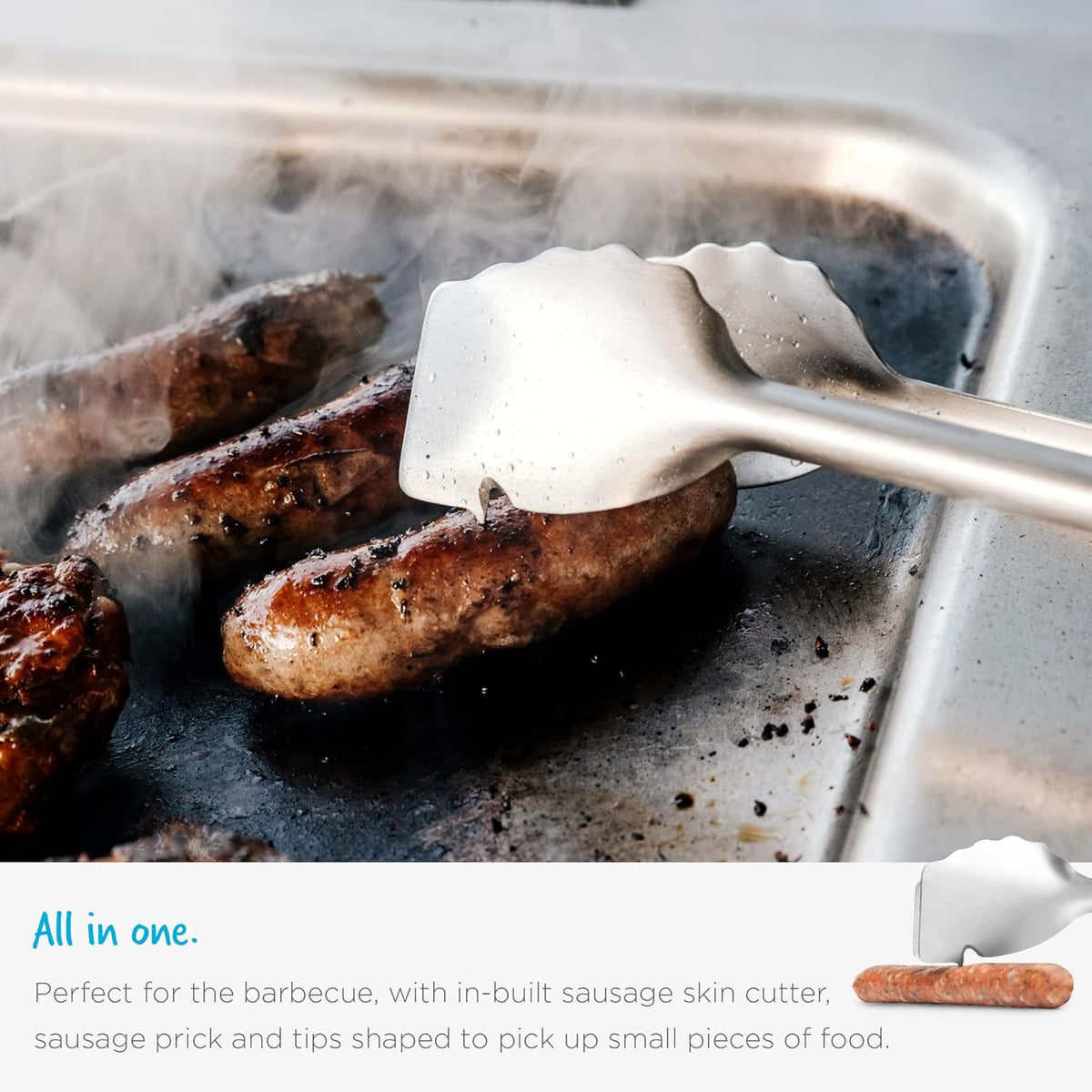 Dreamfarm BBQ Clongs Durable Barbecue Tongs with Click-Lock Open & Close, In-Built Sausage Prick & Cutter - 15" Stainless Steel