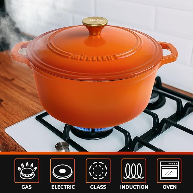MUELLER HOME 6 Quart Enameled Cast Iron Dutch Oven for Bread Baking, Heavy-Duty Oven-Safe up to 500° F, & Across All Cooktops, House Warming Gifts New Home, Cast Iron Cookware, Gifts for Women, Orange