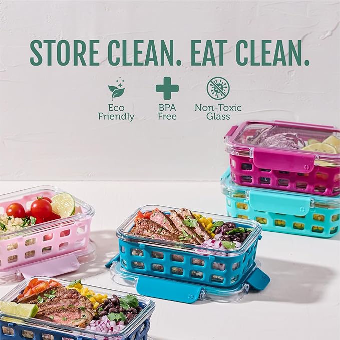 Ello Duraglass 3.4 Cup Meal Prep Sets 10Pc, 5 Pack Set- Glass Food Storage Container with Silicone Sleeve and Airtight BPA-Free Plastic Lids, Dishwasher, Microwave, and Freezer Safe, Evening Orchard