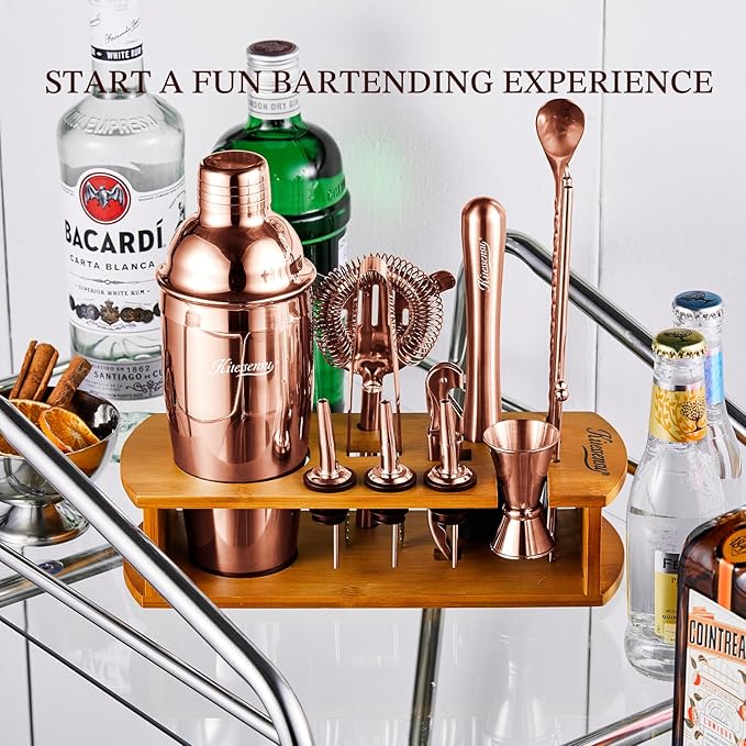 KITESSENSU Cocktail Shaker Set Bartender Kit with Stand - Drink Mixer Bar Set with All Essential Bar Accessory Tools - Martini Shaker Jigger Strainer Mixer Spoon Muddler Liquor Pourers - Rose Gold