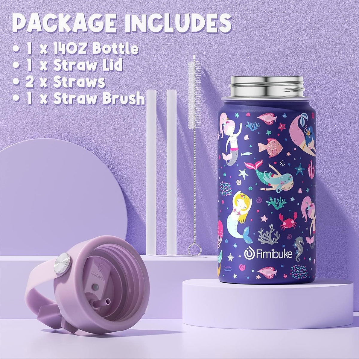 Fimibuke Kids Bento Lunch Box with 4 Compartments, Insulated lunch Bag, Stainless Steel Insulated Water Bottle, Ice Pack & Utensils Set, Birthday Gifts for Ages 3-12 Back to School Toddler Girls Boys