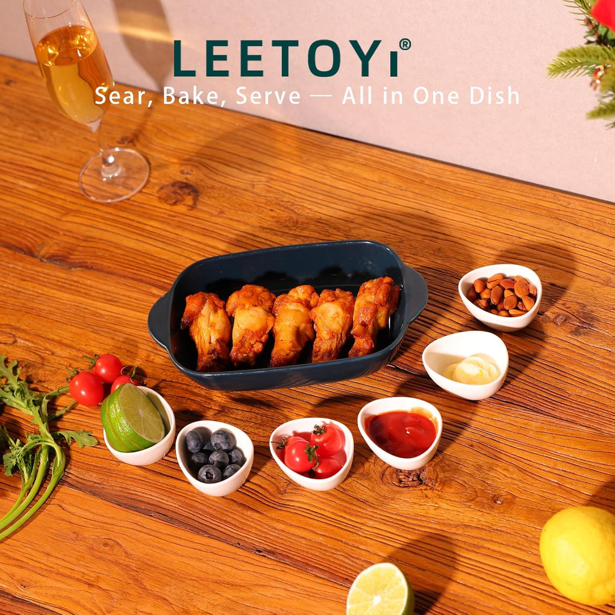 LEETOYI Ceramic Small Baking Dish, Porcelain 2-Piece Rectangular Bakeware with Double Handle, Baking Pans for Cooking and Cake Dinner 7.5"×5 (Royal Blue)
