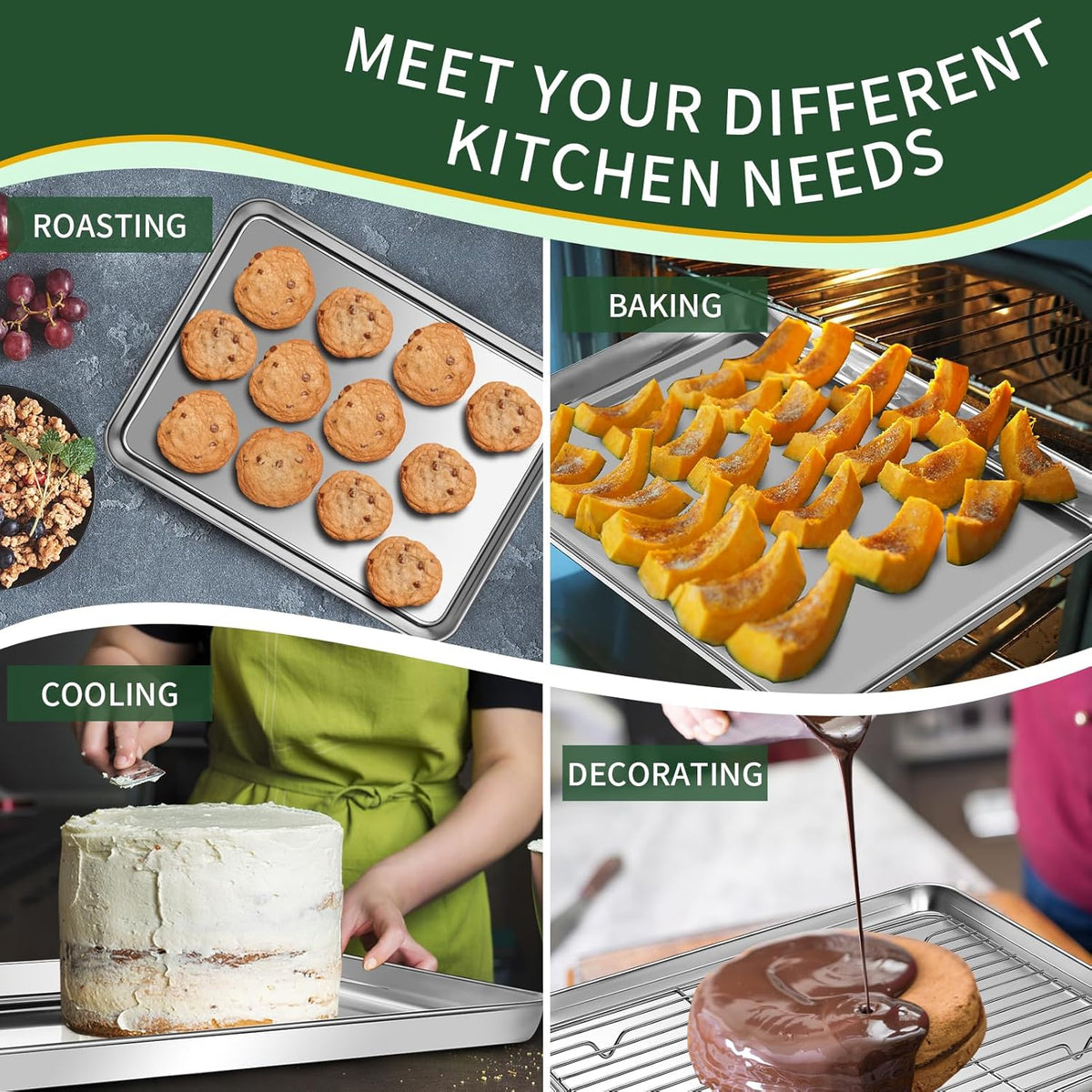 Small Baking Sheet with Cooling Rack Set [2 Baking Pans + 2 Wire Racks], CEKEE Stainless Steel Cookie Sheets for Baking, Heavy Duty & Dishwasher Safe Baking Sheets for Oven, Size 9 x 7 x 1 Inch