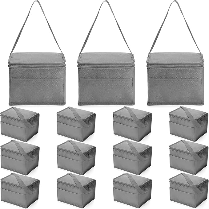 Nuogo 15 Pack Insulated Lunch Bags Bulk, Reusable Cooler Boxes, Leakproof Lunch Boxes Set, Waterproof Thermal Coolers, Insulated Beverage Bag for Women Men Work School Picnic Beach(Gray)