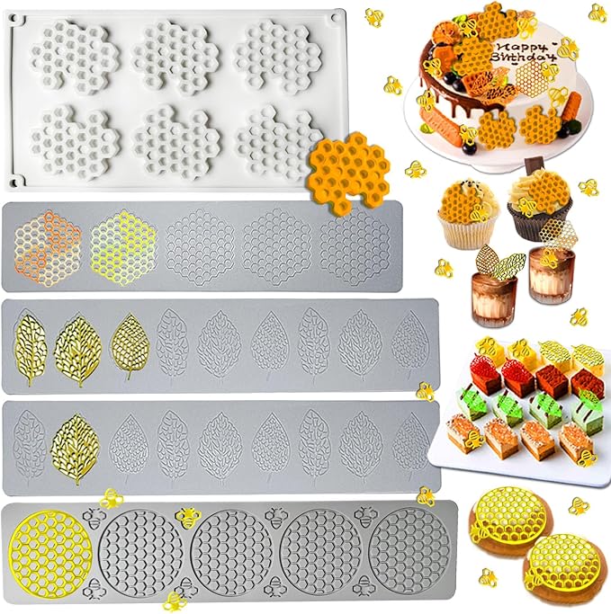 5PCS Tuile Molds Silicone Honeycomb Leaf Baking Mold,Acxydm Honeycomb Mold Silicone and Leaves, Fondant Molds with Bee Silicone and Leaf Mold, 3D Chocolate Molds Set for Making Sugar Craft,Cupcakes