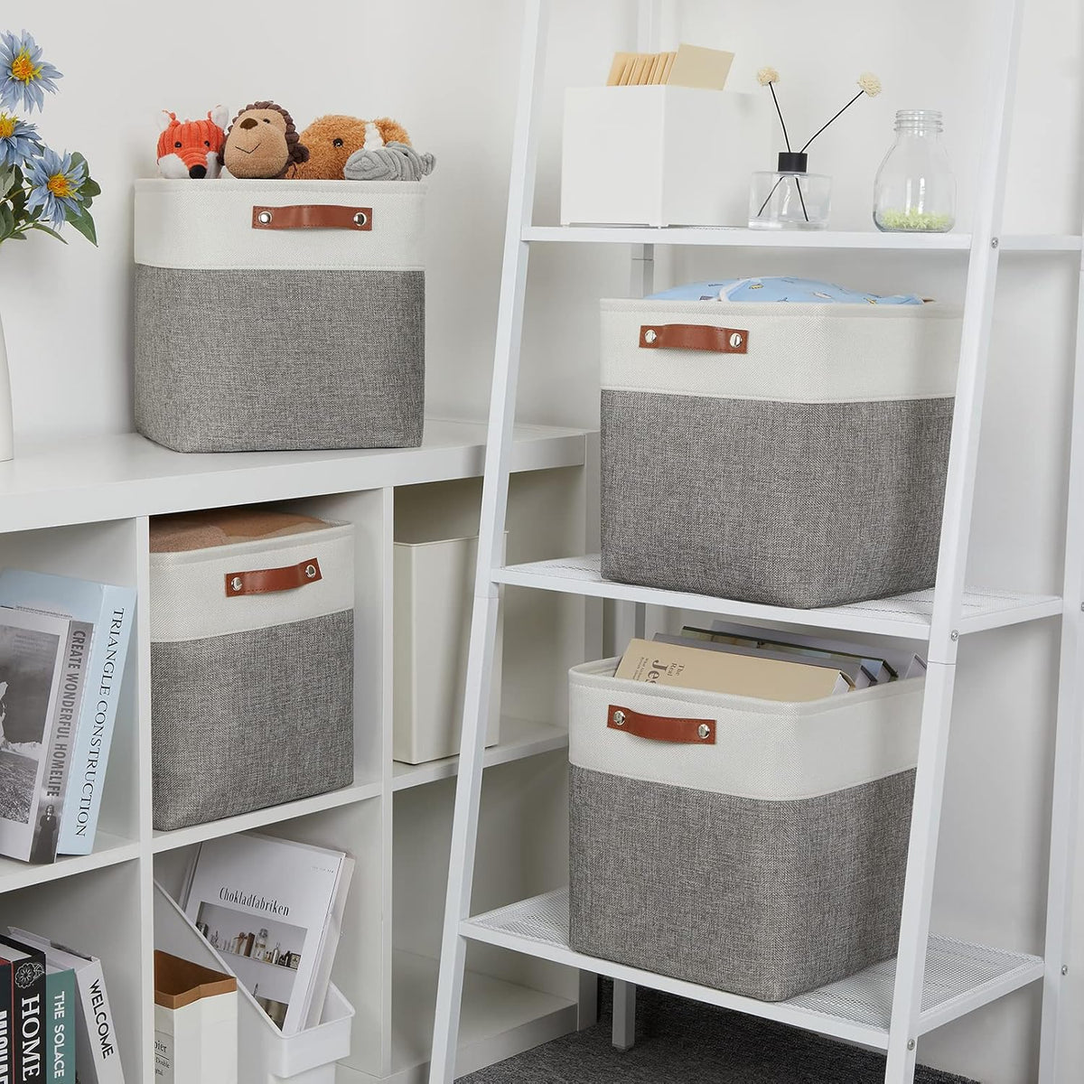 DULLEMELO [Set of 4 Storage Cubes Baskets for Organizing, 12 x 12 x 12 inch Cube Storage Organizer Bins with Leather Handles, Foldable Fabric Cloth Bins for Cube Storage(4 Pack - 12" White&Grey)