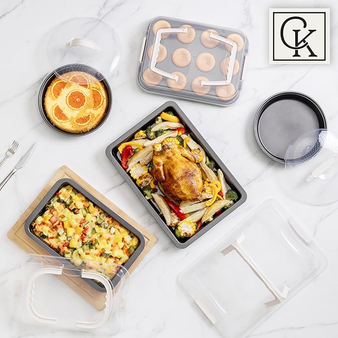 Country Kitchen Baking Pans Set - 10 Piece Non-Stick Cake Pans with Carry Lids for Easy Storage & Travel, Perfect for Parties - Stackable, Cream