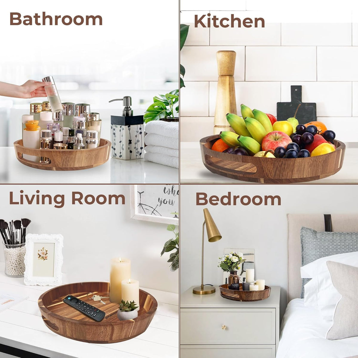 Lazy Susan Turntable Organizer 12 inch - Acacia Wooden Lazy Susan for Table Top, Countertop, Dining Table, Pantry - Kitchen Cabinet Organizer