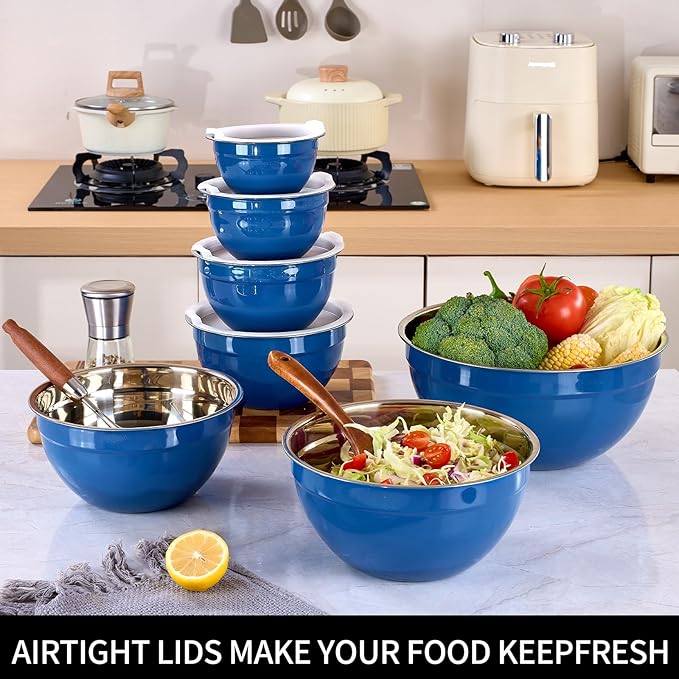 Blue Mixing Bowls with Lids Set of 7, Stainless Steel Nesting Bowl with Khaki Lid for Non-slip Mixing Prepping Storing Serving, 7 Sizes-7/3.6/2.7/2.1/1.5/1/0.8 QT
