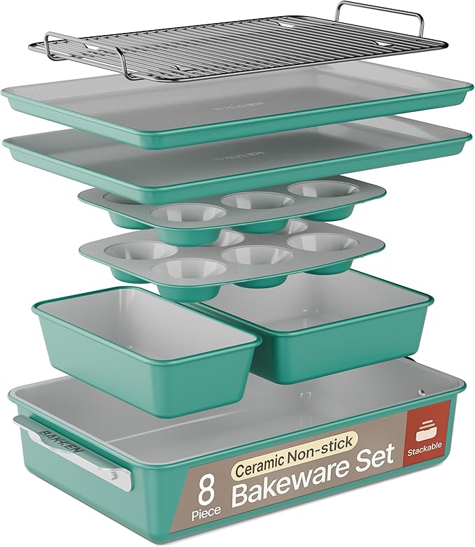 Bakken 8-Piece Stackable Bakeware Set - Ceramic Non-Stick Coating, Baking Sheets, Assorted Baking Pans, PTFE, PFOA & PFOS Free - Healthy Baking, Ergonomic Handles, Cooling Rack, Non-Toxic, Oven-Safe