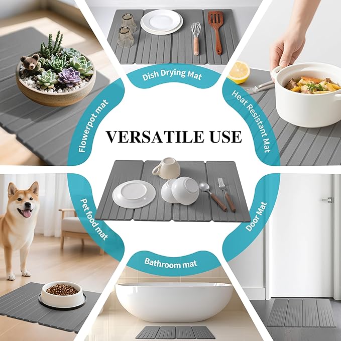 Extral Large Quick Dry Stone Drying Mat for Kitchen Counter,28x16 Inch Collapsible Eco-Friendly Absorbent Diatomaceous Earth Mat for Dishes Cups (Medium Gray-Upgraded Version, 16x12 inch)