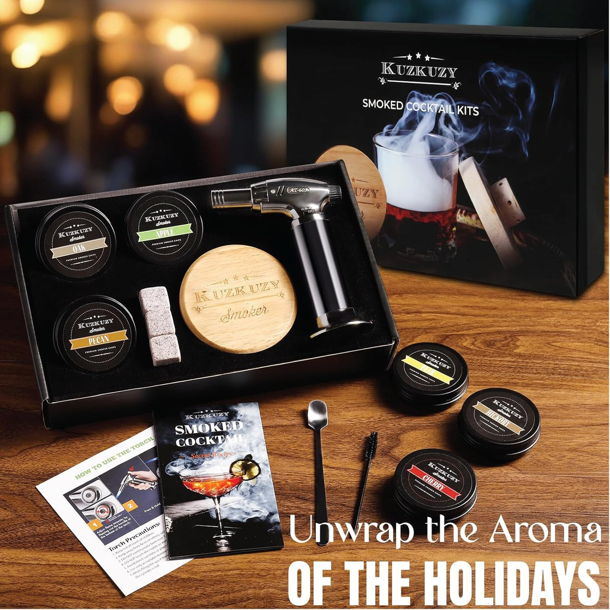 Cocktail Smoker Kit with Torch – 6 Flavors Wood Chips – Bourbon, Whiskey Smoker Infuser Kit, Old Fashioned Drink Smoker Kit, Birthday Bourbon Whiskey Gifts for Men, Dad, Husband (Without Butane)