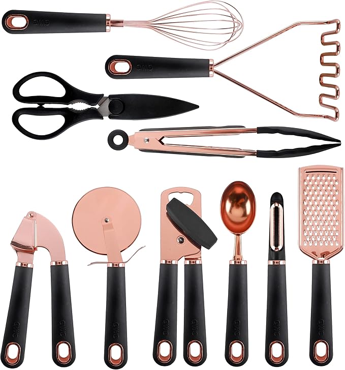 COOK WITH COLOR Kitchen Gadget Set Copper Plated Stainless Steel Utensils with Soft Touch Handles, Copper Black, 10 Pieces