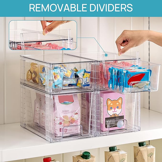 Vtopmart 6 Pack Clear Stackable Storage Drawers,Easy to Assemble Bathroom Organizers and Storage with handles,Plastic Drawers for Kitchen Pantry,Cabinet,Under Sink Organization