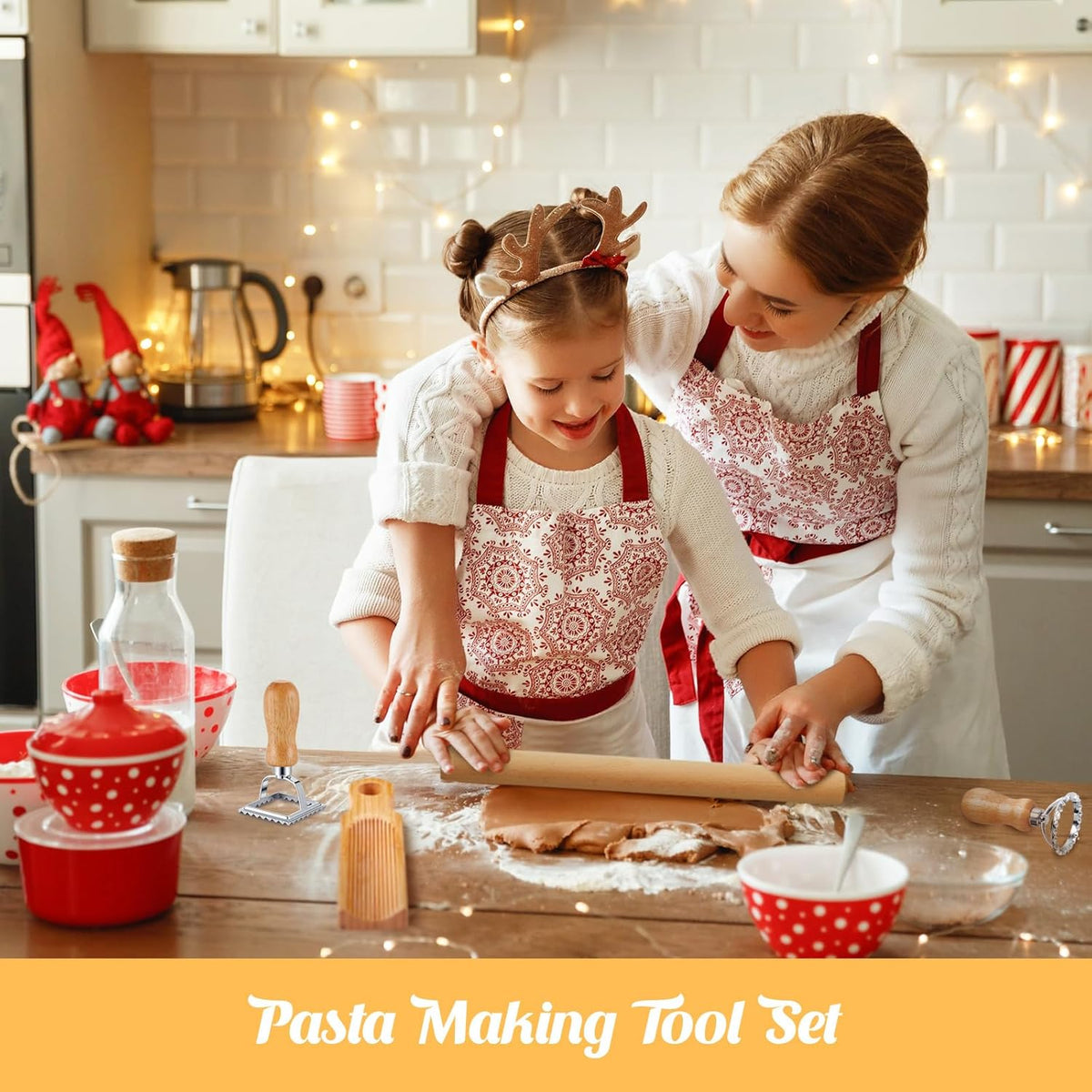 Tioncy 7 Pcs Gnocchi Pasta Making Tool, Wood Gnocchi Board with Ravioli Stamp and Rolling Pin Set Homemade Kitchen Gift for Baking Lovers(Curve Style)
