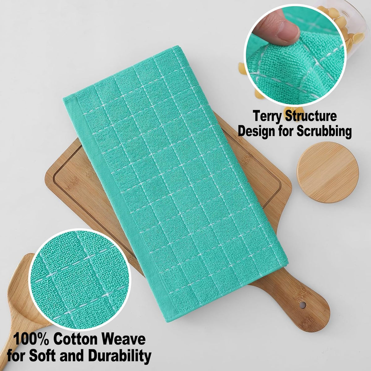 Homaxy 100% Cotton Terry Kitchen Dish Cloths, Ultra Soft and Absorbent Dish Towels for Kitchen, Suitable for Drying and Washing Dishes, 6 Pack, 12 x 12 Inches, Turquoise