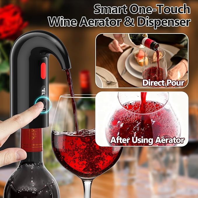 Electric Wine Aerator & Decanter Pump – Quiet Dual-Pump Aeration, Measured Pouring, Temp Display & USB Rechargeable System – Professional Wine Tool for Home Bars (Black)