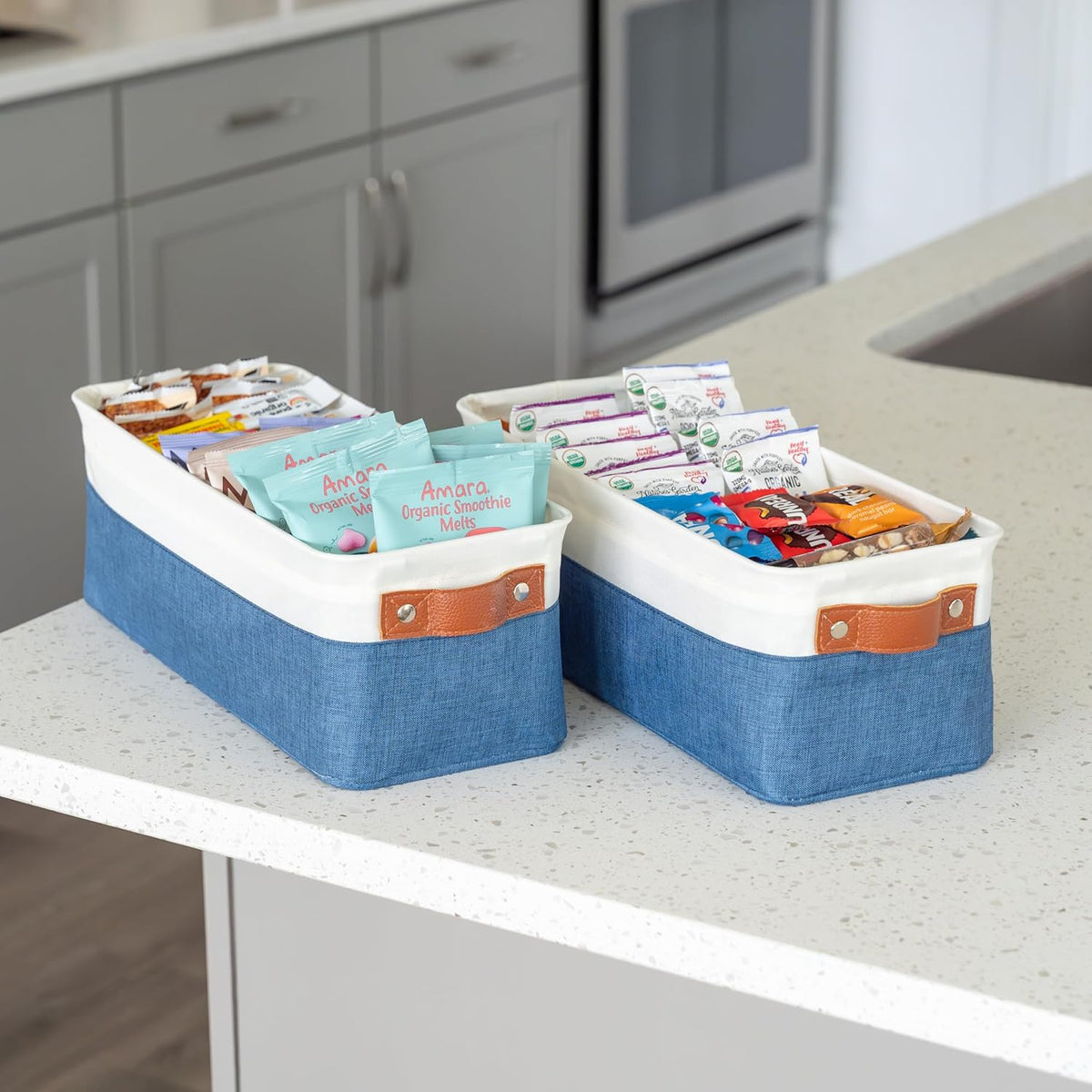 OrganiHaus Narrow Storage Bins 15x06in, Small Closet Bins for Shelves, Bathroom Storage Baskets for Shelves, Narrow Baskets, Fabric Organizer with Handles, Toilet Paper Organizer - 2 Pack, Navy Blue