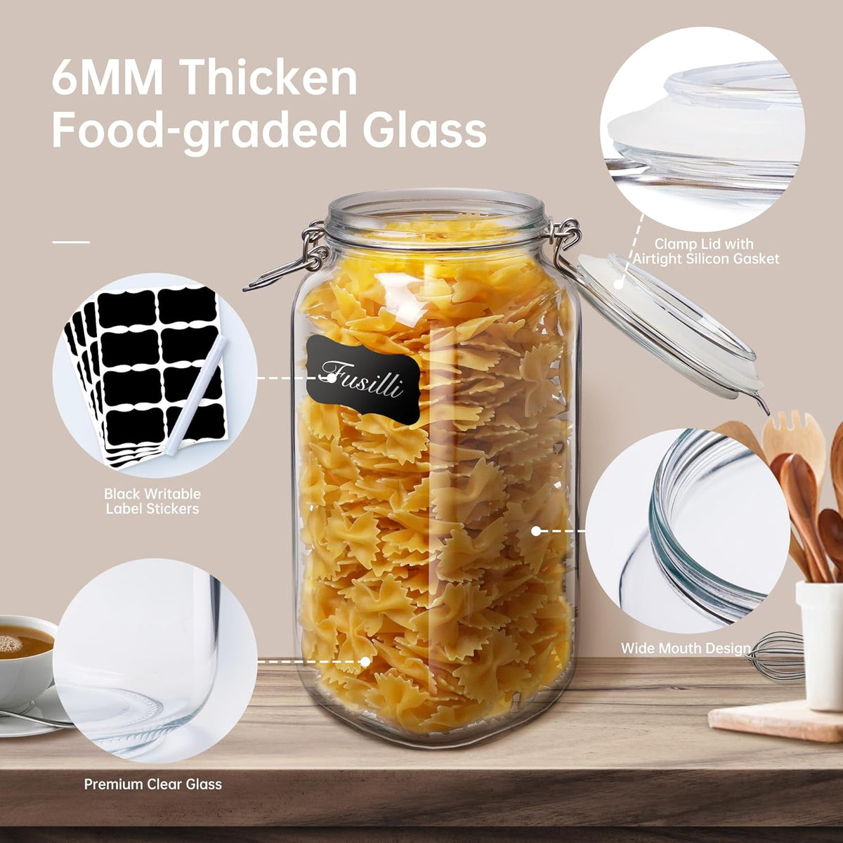 Multi Size - 5 Pack Square Glass Jars with Airtight Lid, Wide Mouth Mason Jars with Clamp Lids, Air Tight Glass Canisters, Best Food Storage Containers for Cereal, Pasta, Rice, Sugar, Coffee, Spice