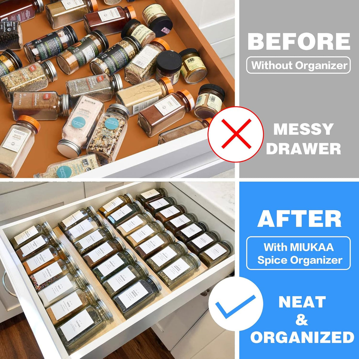 MIUKAA Clear Acrylic Spice Drawer Organizer, 4 Tier Seasoning Jars Drawers Insert, Kitchen Spice Rack Tray for Drawer/Countertop (Jars not included)