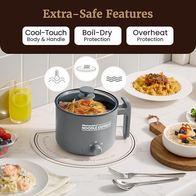 Elite Gourmet NOODLE EXPRESS Electric Hot Pot, Prepare Noodles, Soups, Stews, Cool-touch Handle, Ceralast™ PFAS-Free Ceramic Non-stick, Tempered Glass Lid, 2 Heat Settings-High/Low, Grey