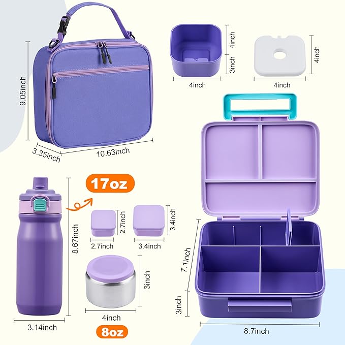 Bento Lunch Box for Kids with 8oz Soup Thermo, Leak-proof Lunch Food Containers with 5 Compartment, Insulated Lunch Bag & 17oz Stainless Steel Water Bottle for School, Trvael