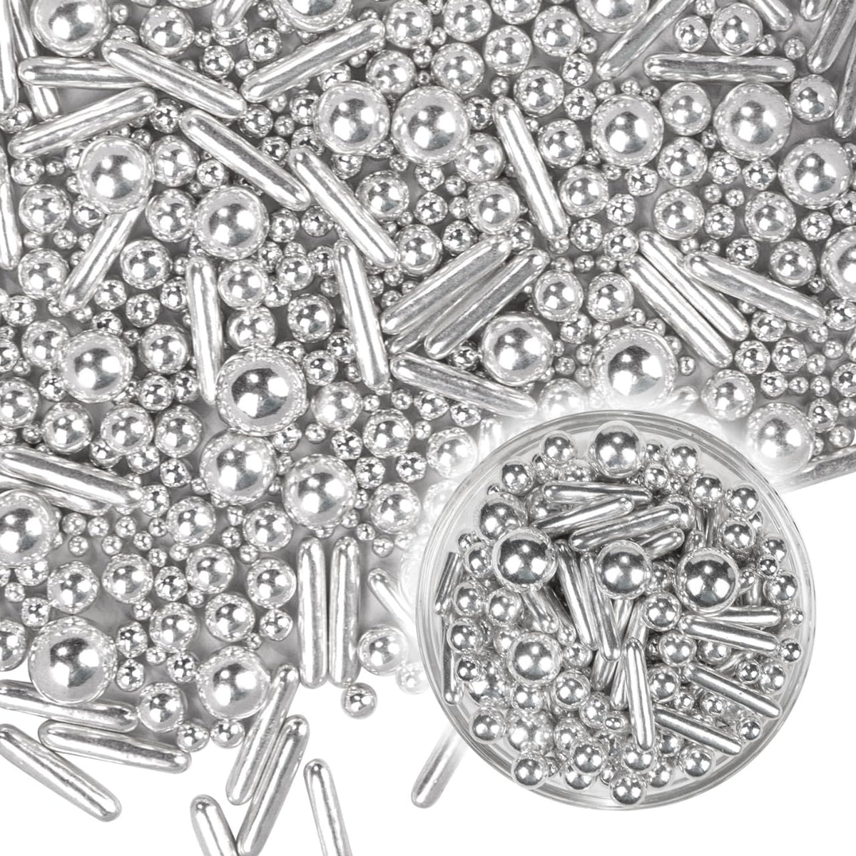 Dazzjoy Silver Pearl Rods Sprinkles, 130g/4.58oz, Mix Size, Pearl Sprinkles for Cupcake Decorating, Cupcake Toppers, Cake Decorations, Ice Cream, Wedding Party Valentines Easter Supplies