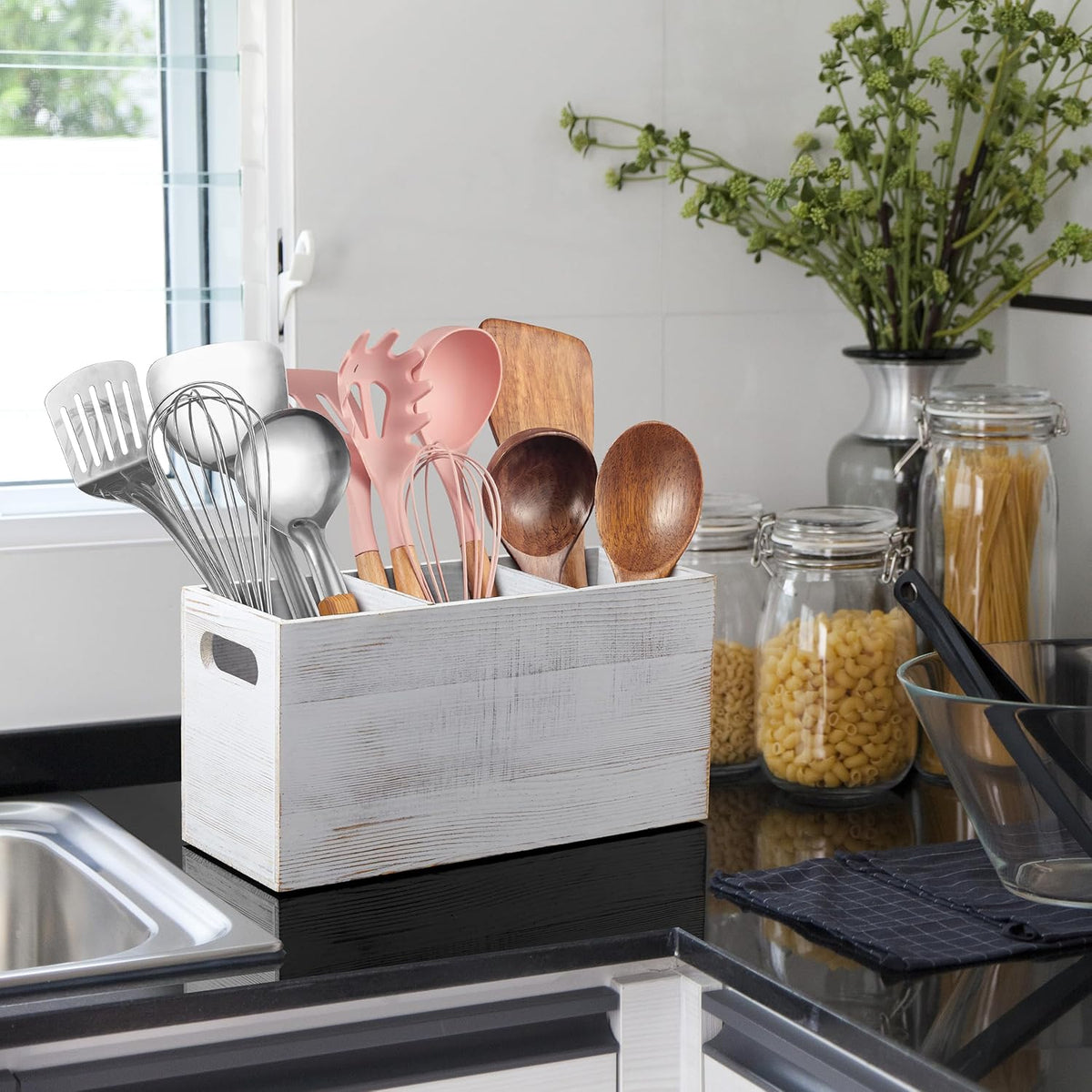 ALELION Rustic White Utensil Holder with Removable Divider - 3 Compartment Wooden Utensil Caddy Organizer for Kitchen Counter - Cooking Utensil Crock for Countertop
