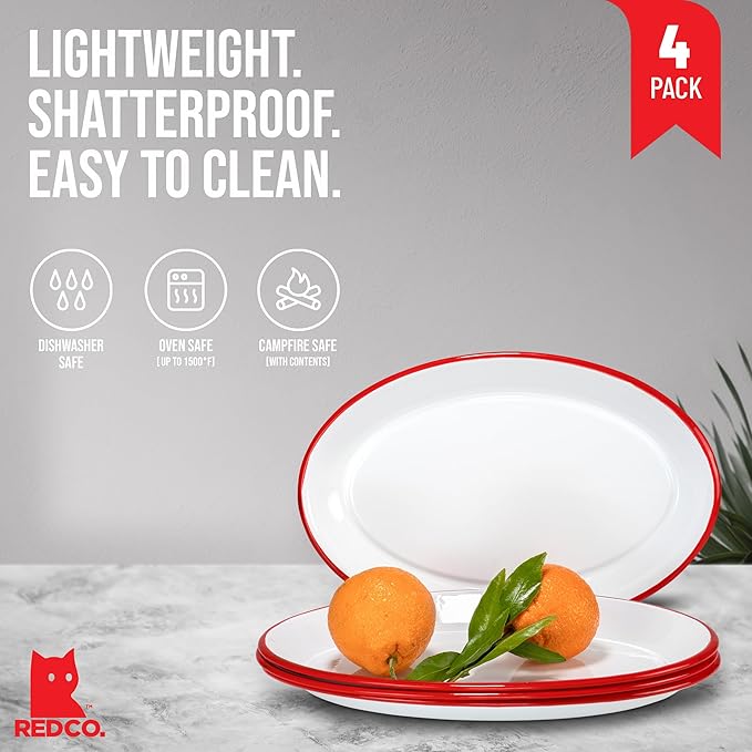 Red Co. Set of 4 Enamelware Metal Classic 13" Serving Oval Tray Platter, Solid White/Red Rim