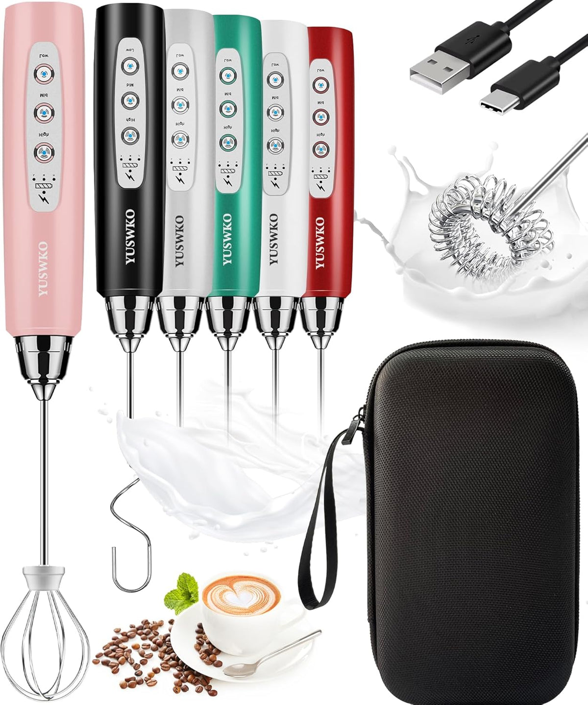 YUSWKO Rechargeable Milk Frother Handheld Frother Wand Drink Mixer for Coffee, Electric Whisk 3 Speed Adjustable, Coffee Foamer Maker with 3 Stainless Whisks Ideal Stirrers for Travel - Pink