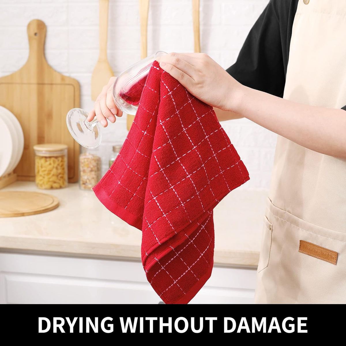 Homaxy 100% Cotton Terry Kitchen Towels(Red, 13 x 28 inches), Checkered Designed, Soft and Super Absorbent Dish Towels, 8 Pack