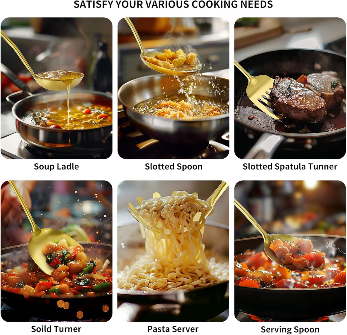 304 Stainless Steel Cooking Utensils,6 Pcs Kitchen Cooking Utensils Set with Spatula, Solid Spoon, Ladle, Skimmer, Spaghetti Spoon,Dishwasher Safe(Gold)