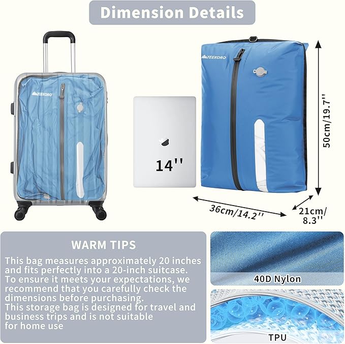 Vacuum Bag for Travel, Professional IPX8 Waterproof Reusable Vacuum Compression Bags for Travel Suitcases, Durable Space Saver Bag(2 PACK,With Pump)