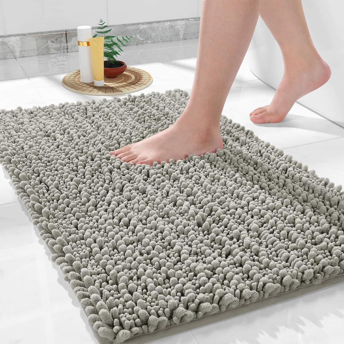 Yimobra Bathroom Rugs Non Slip Washable 32x20 Inch - Ultra Soft Absorbent Chenille Bath Mat, Quick Dry Shaggy Floor Carpet for Tub Shower, Sand Home Decor Accessories
