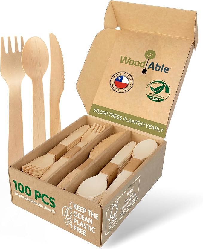 Disposable Wooden Cutlery Set - 100% Home Compostable - 100 Mix - (40 Forks, 40 Spoons and 20 Knives) 6.5", Bamboo Utensils Alternative, Eco-Friendly, Organic, Sustainable and Carbon Neutral Certified
