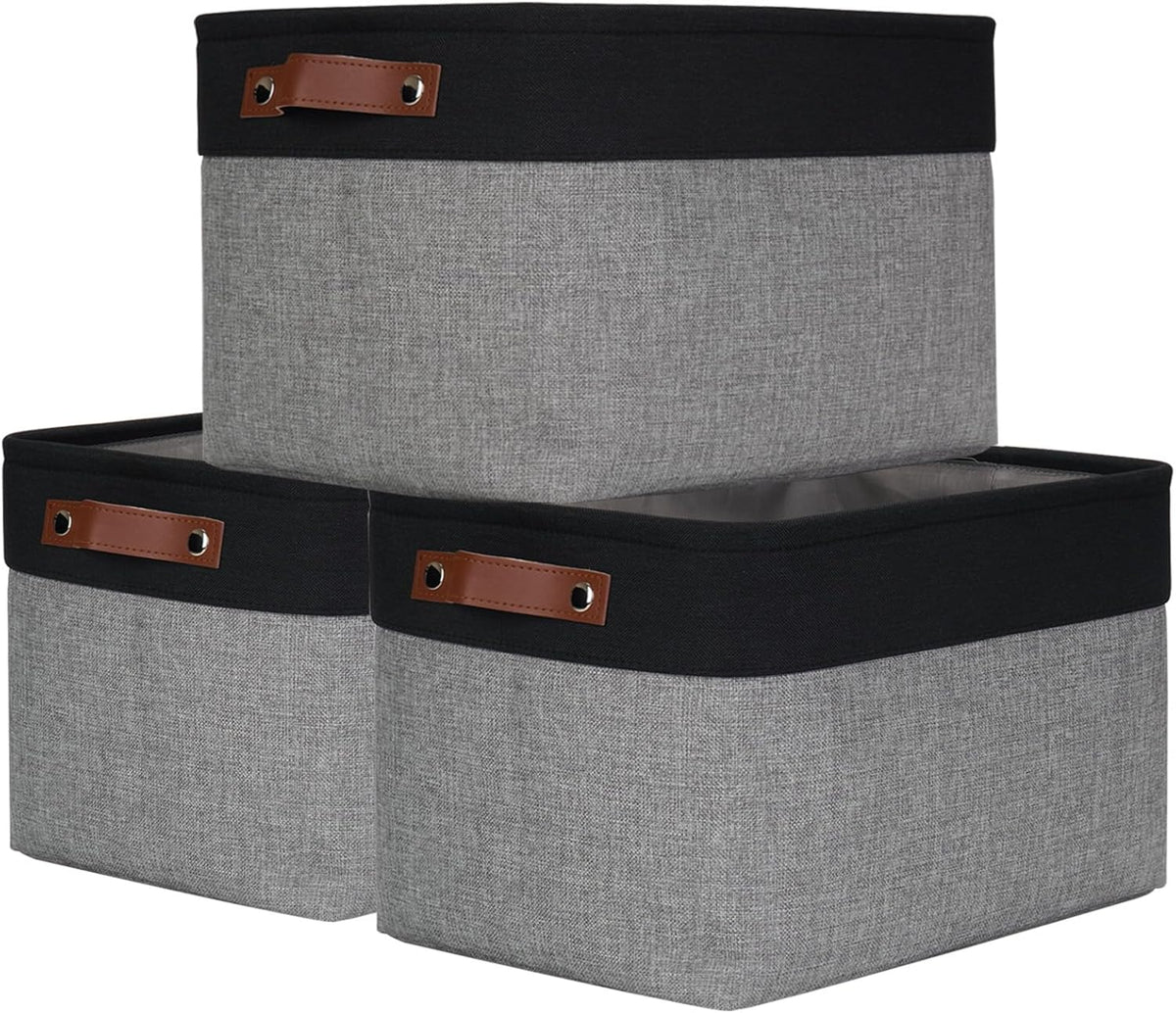 Storage Bins Large Fabric Storage Baskets for Shelves 3 Pack, Decorative Linen Closet Baskets with Handles for Organizing, Shelf, Clothes, Home, Office, 15x11x9.5Inches (Grey&Black)