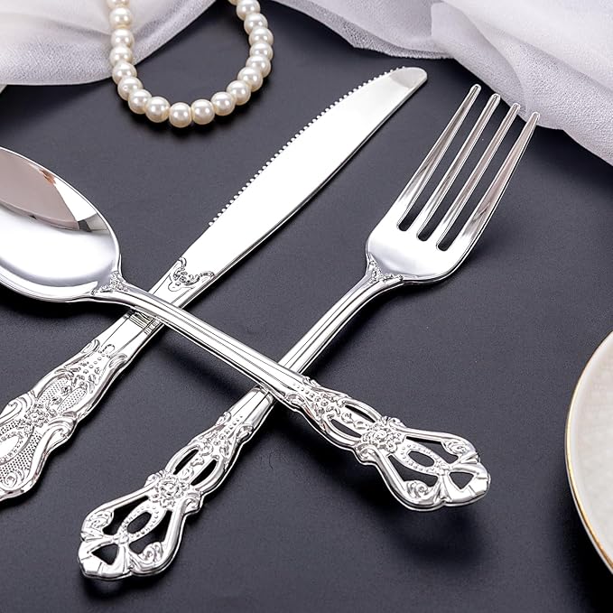 200PCS Silver Plastic Cutlery - Vintage Silver Disposable Silverware - Heavyweight Plastic Utensils with 100 Forks, 50 Knives, 50 Spoons For Catering, Parties, Dinners and Weddings