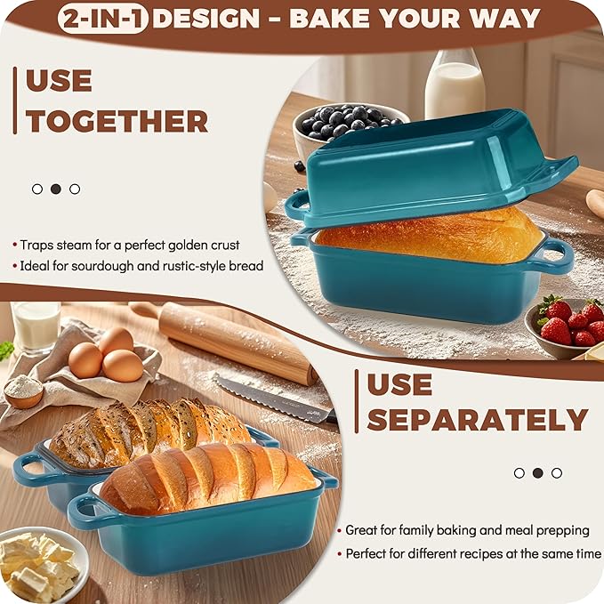 Cast Iron Loaf Pan With Lid, Enameled Bread Loaf Pan For Homemade Bread Sourdough, 2 In 1 Loaf Pans For Baking Bread 9x5, Even Heating Bread Dutch Oven, Teal