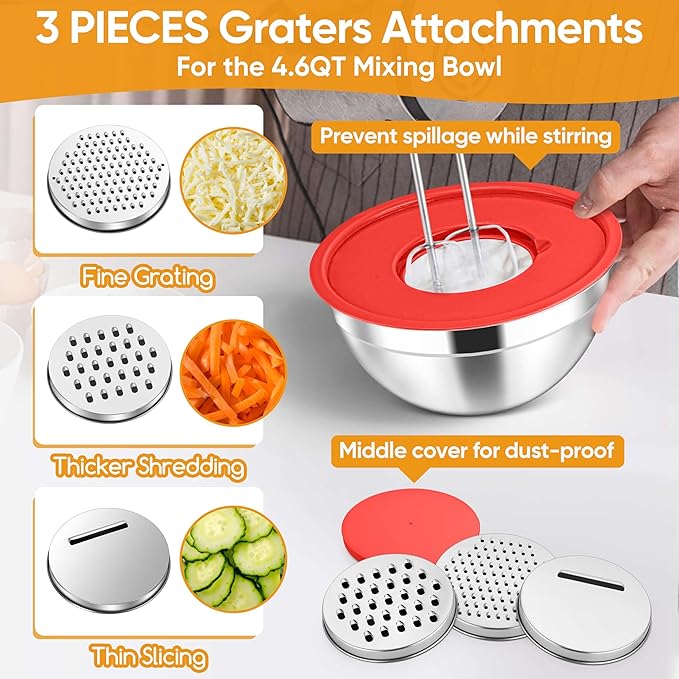 Herogo 5-Piece Mixing Bowls with Airtight Lids, 3 Grater Attachments, Stainless Steel Salad Serving Bowls for Kitchen, Size 4.6, 3.5, 2.5, 2, 1.5QT Ideal for Prepping & Cooking, Red