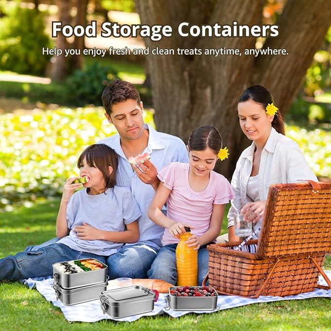 4 PCS Bento Boxes, 850 ML Stainless Steel Lunch Boxes, Food Storage Containers, Portable Metal Lunch Containers, Lockable Clips to Leak Proof, Reusable Dishwasher Safe Lunch Snack Boxes