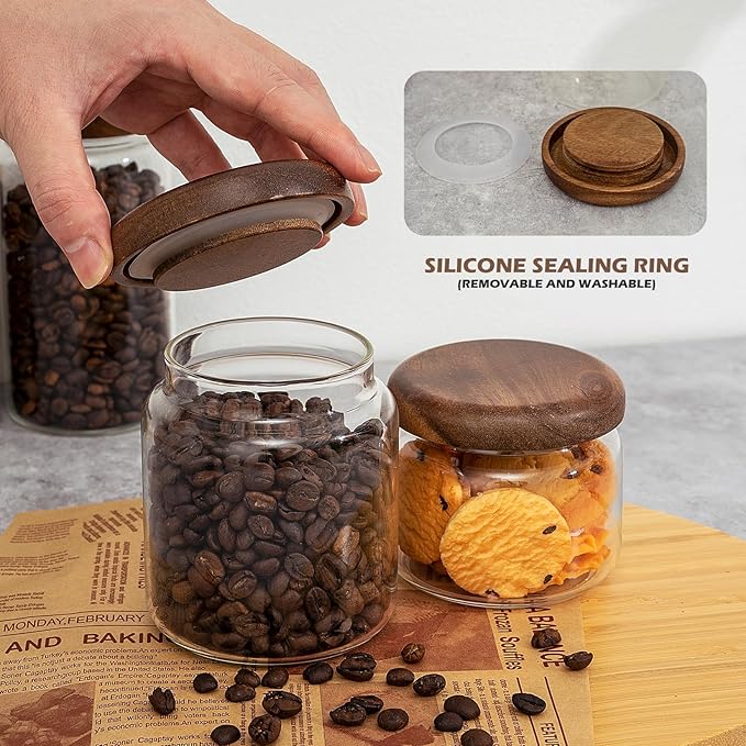 1 PC Small Glass Storage Jars with Airtight Lids, 10 fl oz (300ml) coffee container with Wooden Lid, Glass Pantry Canister for Beans, Rice, Sugar and etc