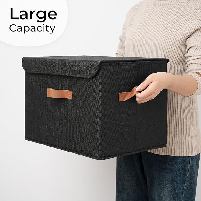 GRANNY SAYS Black Storage Bins with Lids, Decorative Storage Boxes with PU Handles, Linen Closet Organizer, Storage Baskets for Shelves, Fabric Storage Bins for Clothes, Extra Large