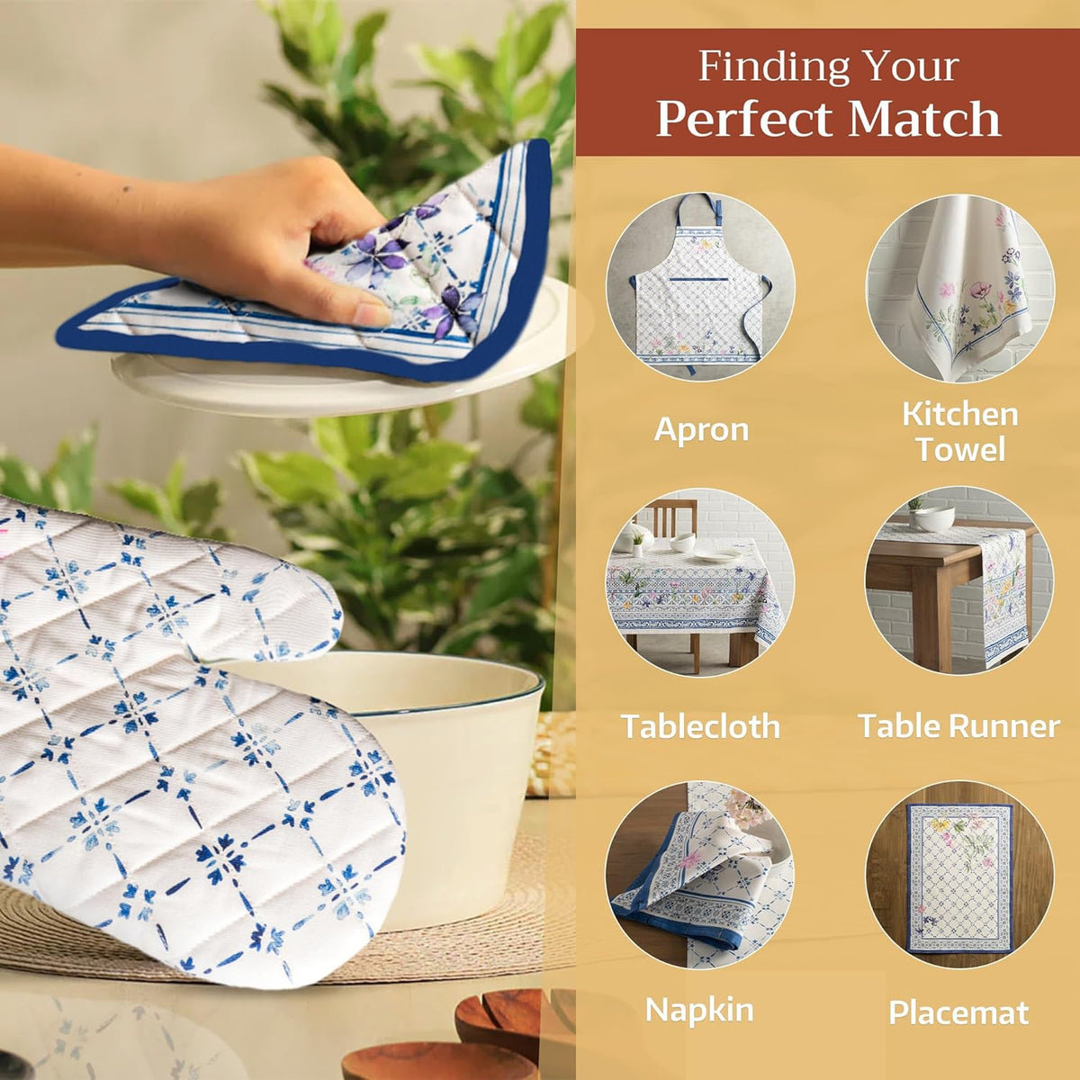 Maison d' Hermine Oven Gloves 100% Cotton Oven Mitt 7" x 13" with Loop Heat Resistant, BBQ, Cooking Gloves, Baking, Grilling, Kitchen, Handling Hot Pans Spring/Summer (Pack of 1, Faience)
