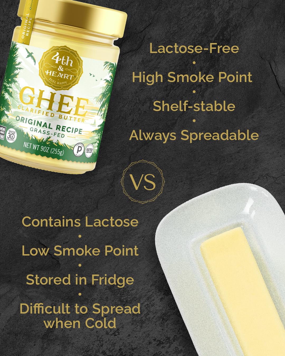 4th & Heart Original Grass-Fed Ghee, Clarified Butter, Keto, Pasture Raised, Lactose and Casein Free, Certified Paleo (32 Ounces)